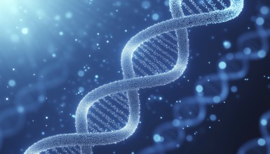 Futuristic White Dotted Double Helix Displayed On Blue Gradient With Dna Theme: A Scientific And