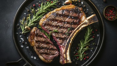 Top-View Grilled Tomahawk Steak On A Metal Plate With Rosemary And Spices, Served On The Bone, AI