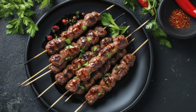 Delicious Grilled Lula Kebab Skewers With Spices Served On A Black Plate On An Antique Concrete