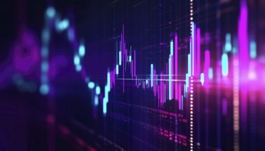 Modern Data Dashboard Featuring Purple And Teal Candlestick Bars With Neon Trend For Financial