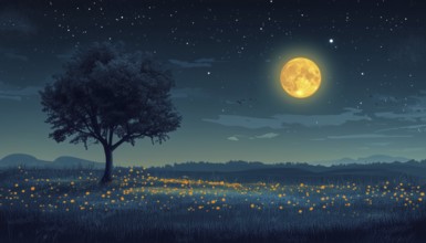 Night Scene Featuring A Tree And Moon, Moonlit Night Landscape Scene With Moon. A Serene Depiction