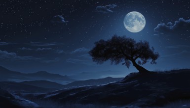 Moonlit Night Sky With Tree And Moon, Moonlit Landscape With Moon. A Serene And Atmospheric Scene