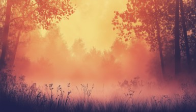 Misty Landscape Of Forest And Meadow With Silhouettes Of Trees And Grass In Orange And Pink Hues.