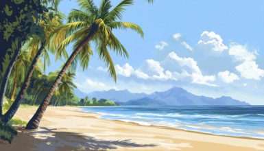 Tropical Sandy Beach With Palm Trees, Stunning Sea And Mountain Scenery: A Tranquil Slice Of
