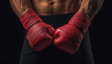 Strong Hands And Fists Wrapped In Red Boxing Wraps: Ready For Training And Active Exercise In A