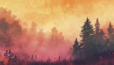Serene Landscape: A Misty Horizon Of Trees And Grass In Orange And Pink. Enchanting Mist, Forest