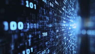 Digital Display Technology: White Numbers On Blue Screen For Data Analysis, Cybersecurity, Computer