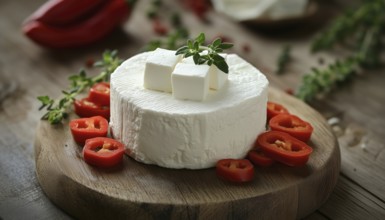 Traditional Cuisine: Feta Cheese With Red Peppers On Vintage Wooden Board - Close-Up Of Round