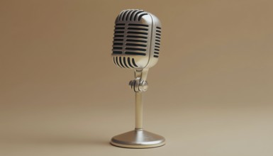 Silver Metal Retro Microphone Realistic Mockup: Square Shape Microphone On Short Leg And Stand For