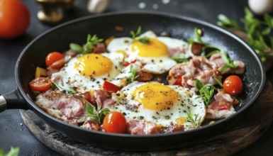 Cooking Morning Breakfast And Dinner: Non-Stick Frying Pan With Meat, Eggs, And Vegetables For