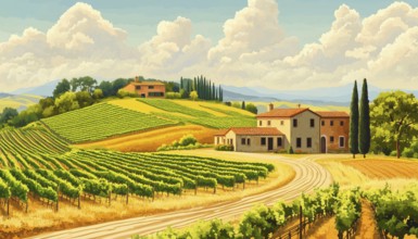 Rural Tuscan Landscape With Farmhouse, Vineyard, Fields, And Hills. Handcrafted Illustration With