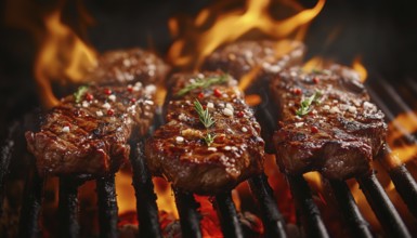 Sizzling Beef Steaks And Skewers Soaring Over A Cast Iron Grill With Flames. Captured In Stunning