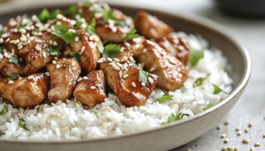 Traditional Japanese Teriyaki Chicken With Rice And Fresh Herbs Served In A Beige Plate. Close-Up