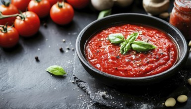 Delicious Italian Tomato Sauce, Pasta Dressing, And Pizza Cooked In A Frying Pan On A Black