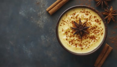 Cinnamon Coffee Turmeric Milk Dessert: Top-View Close-Up Of Delicious Cinnamon Pudding With Added