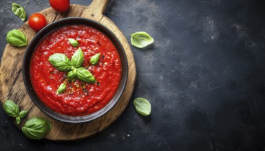 Top-View Image Of Tomato Sauce In A Frying Pan, Placed On A Wooden Board On A Black Surface.
