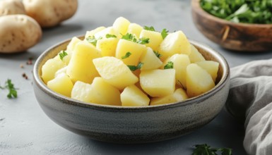 Close-Up Side View Of Diced Boiled Potatoes In A White Bowl: Tasty And Fresh Potato Dish Ready To