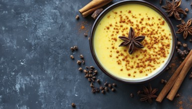 Cinnamon Pudding With Milk, Coffee, And Turmeric: Top View Close-Up Of A Delicious Dessert With