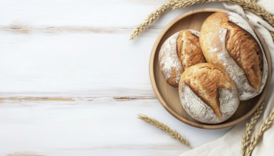 Top-View Presentation Of Fresh Bread On A Plate On A Light Wooden Surface With Copy Space For