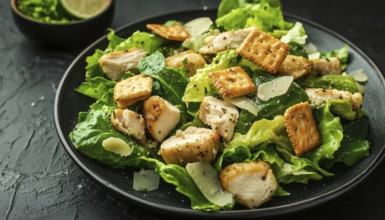 Classic Caesar Salad With Crackers, Romaine Lettuce, And Grilled Chicken On A Black Plate: Side