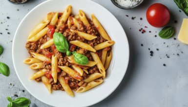 Delicious Penne Pasta With Bolognese Sauce And Fresh Basil On A White Plate Over A Light Background