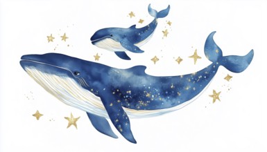 Adorable Water Whale: Blue Whale, Golden Stars, Ocean, Starfish. Mother And Baby Whale Swimming In