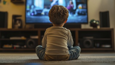 Little Boy Sitting On Floor Watching Cinema On Tv At Home: Author'S Photo On Tv Screen Captures The