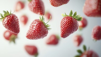 Realistic Depiction Of Falling Red Strawberries On White Background Captured In Stunning Detail And