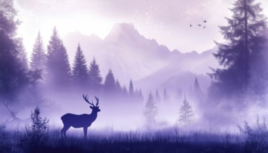 Enchanting Scene Of Deer Family Standing In Meadow Among Trees And Mist In A Violet Bookmark: A