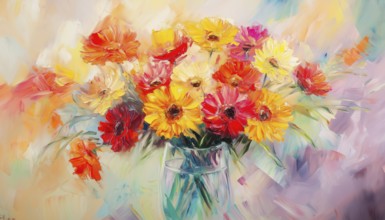 Hand Painted Abstract Oil Painting Depicting Spring Flowers: Yellow And Red Gerbera, Full Bouquet