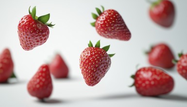 Realistic Depiction Of Falling Red Strawberries On A White Background Captured In Stunning Detail.