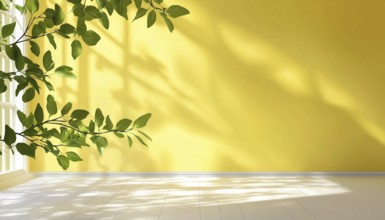 Vibrant Yellow Panoramic View And White Surface With Delicate Natural Leaf Shadows Cast Across The