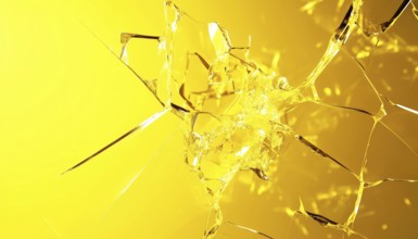 Yellow Broken Glass: Abstract Explosion And Destruction On Cracked Surface. Perfect Background For