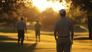 Men Playing Golf Under The Sun. Enjoying A Round Of Golf In The Sunny Weather. Male Golfers Teeing