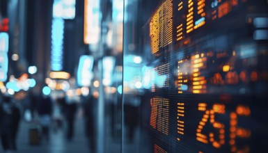 Stock Market Quotes Reflected On Glass Display With City Scene Background. Showcasing The Hustle