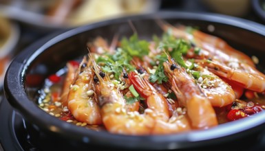 Close Up Of Exotic Asian Restaurant Food Menu: Spicy Boiled Shrimps With Fresh Vegetables In