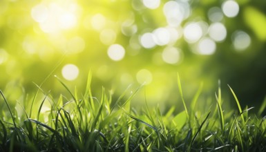 Lush Green Grass In Sunlight With Beautiful Bokeh: Close-Up Of Juicy Grass In Nature Outdoors, Wide