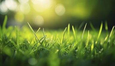 Lush Green Grass Under Sunlight With Bokeh, Close-Up In Nature Outdoors. Wide Format Image With
