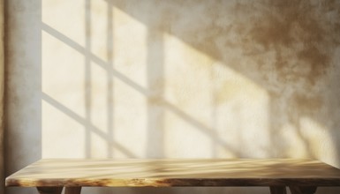 Beige Wall With Empty Table, Window Shadow, And Sunlight: Ideal Set-Up For Presentations, Branding