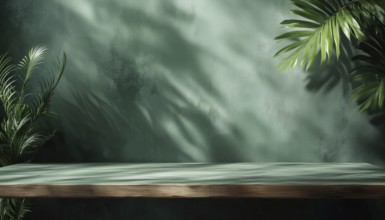 Empty Table On Dark Green Wall With Botanical Shadows: Ideal Mock-Up For Presentation, Branding,