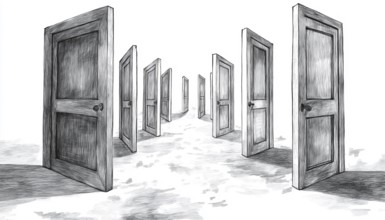 Sketch Of Hand-Drawn Open Doors: Symbolizing The Challenge Of Making The Right Choice And Embracing