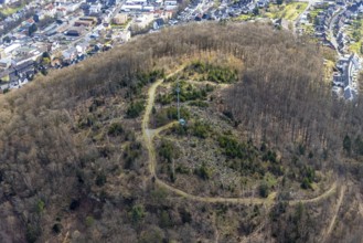 Aerial photograph, hiking trail on Häusling mountain with radio mast, protective sleeves for new