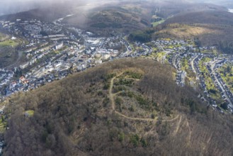 Aerial photograph, hiking trail on Häusling mountain with radio mast, protective sleeves for new