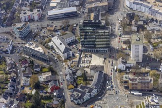 Aerial view, City with district hall, Kulturhaus LÃ¿z, residential and commercial property in
