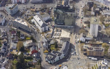 Aerial view, City with district hall, Kulturhaus LÃ¿z, residential and commercial property in
