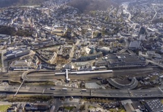 Aerial view, Siegen main station with ZOB bus station, roundhouse, City-Galerie, Sieg-Carré,