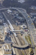 Aerial view, Siegen main station with ZOB bus station, roundhouse, City-Galerie, Sieg-Carré,