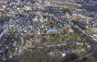 Aerial view, city centre view, castle park and construction site in the southern part of the castle