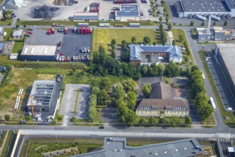 Aerial view, construction site and new building Belgische Straße in the industrial estate