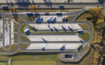 Aerial view, motorway A44 service area Am Haarstrang with truck parking Haarstrand -Süd in the